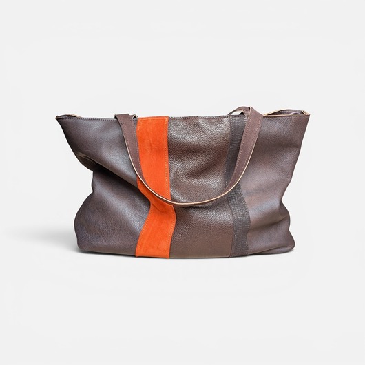 torby na ramię Shoper bag brązowa torba z pomarańczem