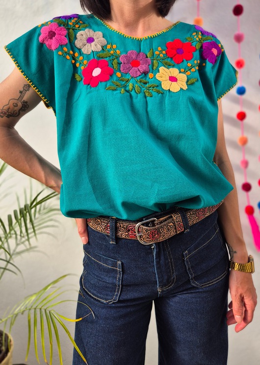 t-shirt damskie Bluzka ręcznie haftowana Bordado Turkusowa kwiaty ONE SIZE