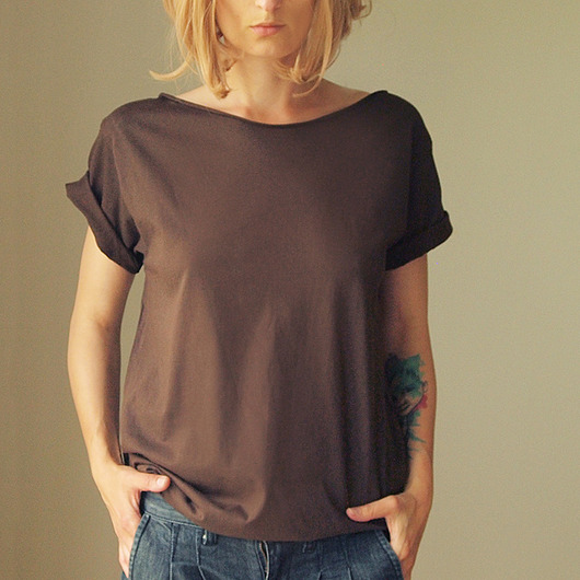 t-shirt damskie Brązowy Zgaszony Oversize Bez Nadruku