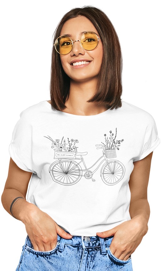 t-shirt damskie Koszulka kwiaty line art rośliny natura rower