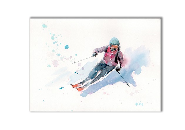 grafiki i ilustracje Narty, zima, góry. Akwarela ręcznie malowana
