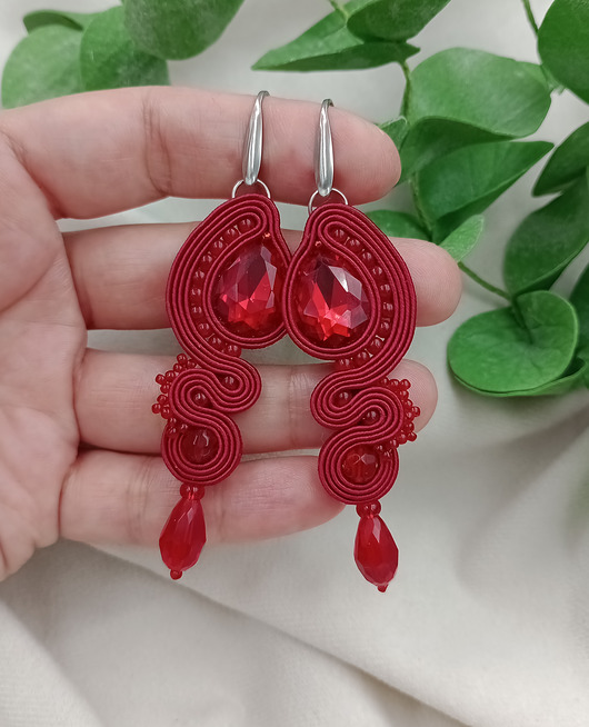 kolczyki soutache Bordowe kolczyki, długie kolczyki sutasz na ślub wesele