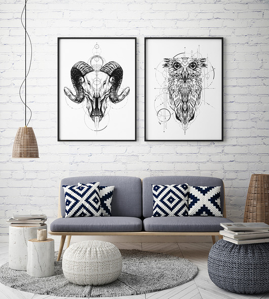 plakaty Czacha z Sową - zestaw dwóch plakatów czarnobiałem wzory