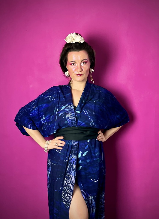 sukienki midi damskie KIMONO granatowe / szlafrok / sukienka w autorski wzór OCEAN 100% wiskoza