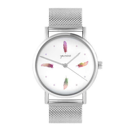 zegarki damskie Zegarek - Kolorowe piórka - bransoleta mesh