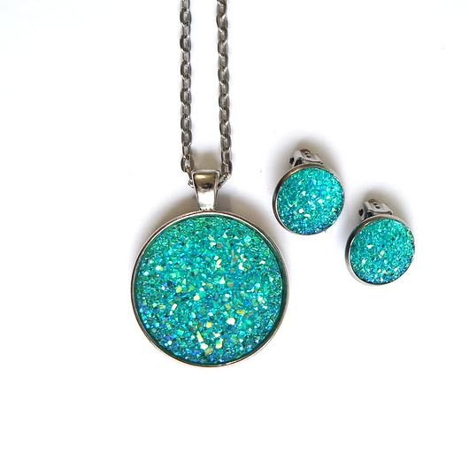 komplet biżuterii Komplet - Druzy turkus - naszyjnik i klipsy