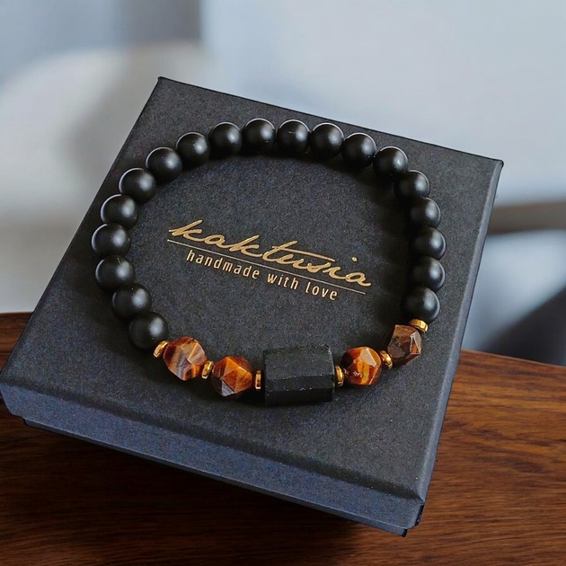 biżuteria męska SUKCES, OCHRONA, SIŁA :: tygrysie oko, turmalin, onyks :: gold