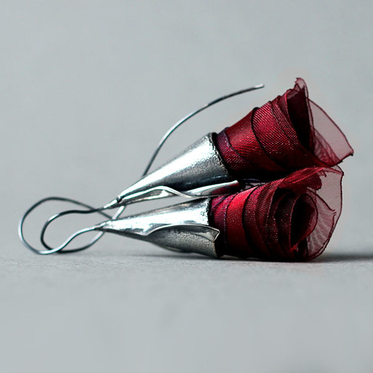 kolczyki wire wrapping Srebrne kolczyki wiszące DZWONKI BURGUND