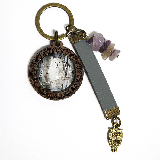 breloki Breloczek - Sowa, rzemień, ametyst - drewniany