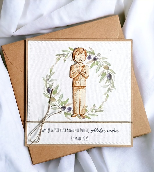kartki na komunię Kartka, PERSONALIZACJA : I Komunia Święta : oliwki:: chłopiec