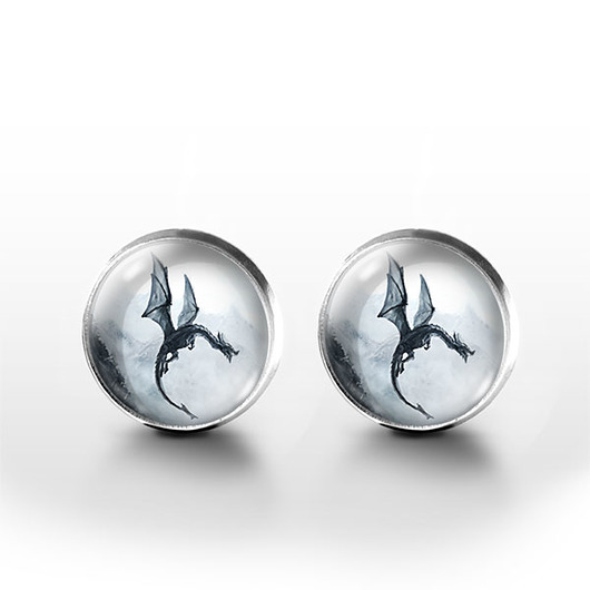 kolczyki szklane Kolczyki sztyfty - Czarny smok - grafika