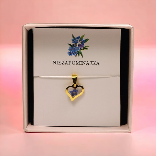 wisiory Zawieszka serce z kwiatem niezapominajki złota