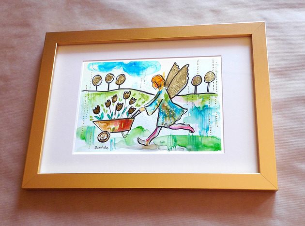 obrazy Aniołek z taczką - 24x16 cm unikat