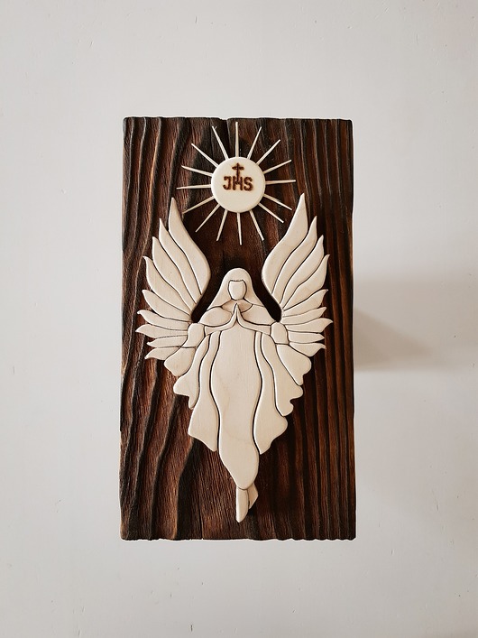 obrazy i plakaty do pokoju dziecięcego Drewniany obrazek 3D - anioł Chrzest Komunia
