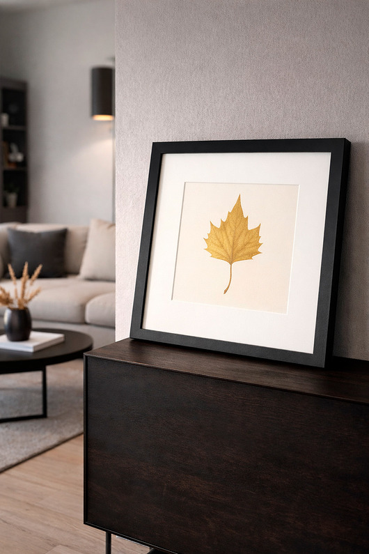 Ozdoby na ścianę Złoty Liść Platan Klonolistny. Autorski Dekor Botaniczny. Obraz 25x25cm