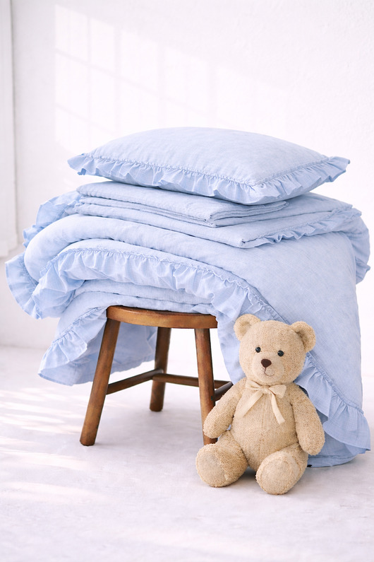 kocyki, kołderki, pościel dla dzieci Lniana pościel dziecięca z falbanką - błękit