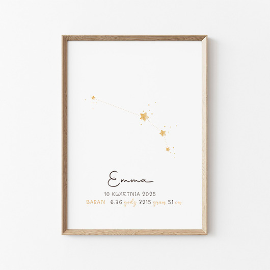 obrazy i plakaty do pokoju dziecięcego Personalizowana metryczka z gwiazdozbiorem i znakiem zodiaku