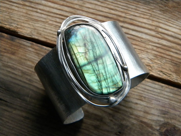 bransoletki wire wrapping Wielobarwny  labradoryt      - BRANSOLETA MANKIET - CUFF