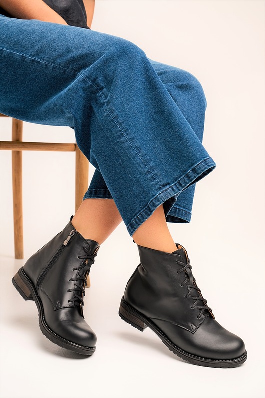 botki damskie Botki skórzane - suwak + sznurówki (6555)