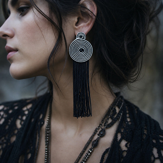 kolczyki soutache Czarno- srebrne spirale  kolczyki soutache z chwostami