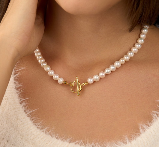 chokery Choker / naszyjnik "Heart" z naturalnych pereł- srebro 925 pozłacane