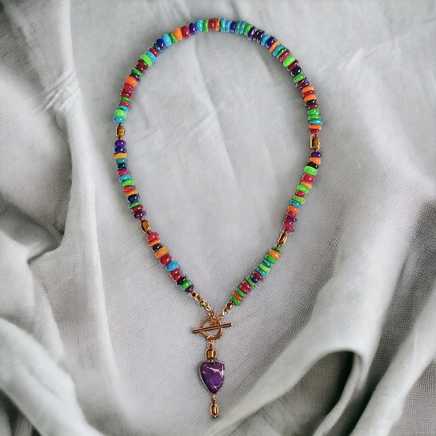 chokery NASZYJNIK z sercem : kolorowa masa perłowa, hematyt, jaspis cesarski