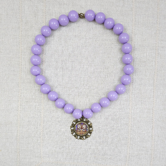 wisiory 6737 duży, fioletowy, liliowy naszyjnik z wisiorkiem; wisiorek sowa