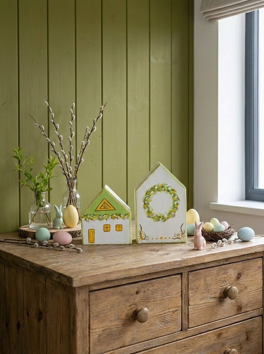 ozdoby wielkanocne Drewniane Domki Skandynawskie, zestaw wioseny - wielkanocny