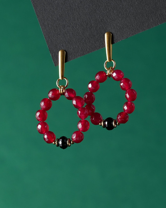 kolczyki z kamieniami Bordowe kolczyki z jadeitem i onyksem