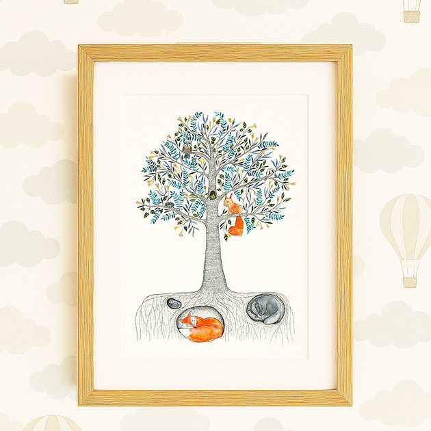 obrazy i plakaty do pokoju dziecięcego Drzewko ze zwierzątkami, A4