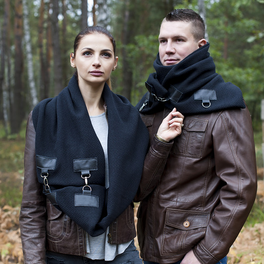 Szal wełniany ze skórą, Komin Unisex - Czarny Green Sheep