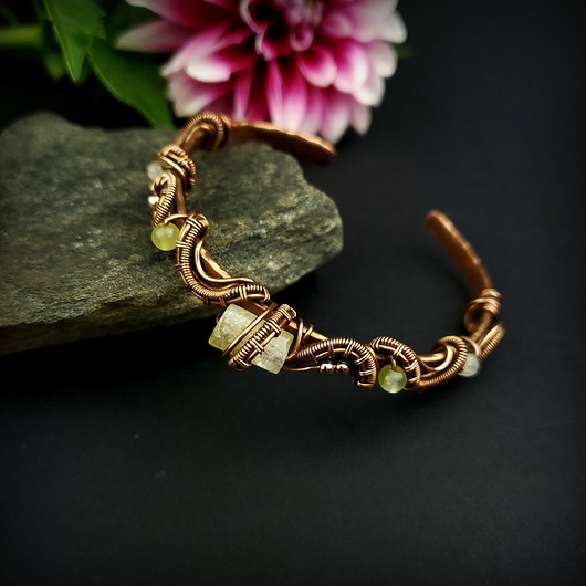bransoletki wire wrapping Miedziana bransoleta mankietowa z cytrynem - zamówienie specjalne