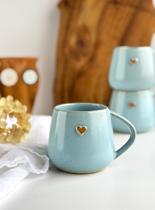 kubki Kubek Beczułka ręcznie robiony 320 ml - Niebieski z sercem
