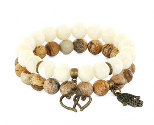 Cream jade & brown jasper with pendants. Lavoga