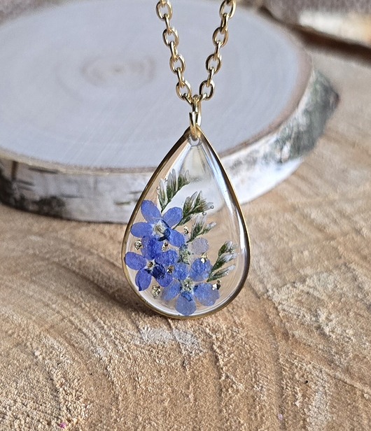 wisiory Złoty wisiorek prawdziwe kwiaty zawieszka łezka łza niezapominajki