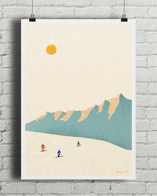 plakaty Plakat Narciarze na stoku - panorama z górskimi szczytami