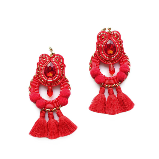 Czerwone , duże i etniczne kolczyki  z pomponami Mró Soutache
