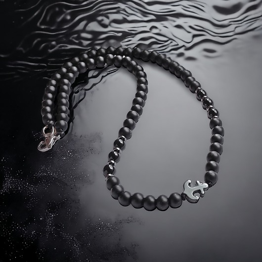 biżuteria męska KOTWICA - onyks, hematyt - naszyjnik zapinany