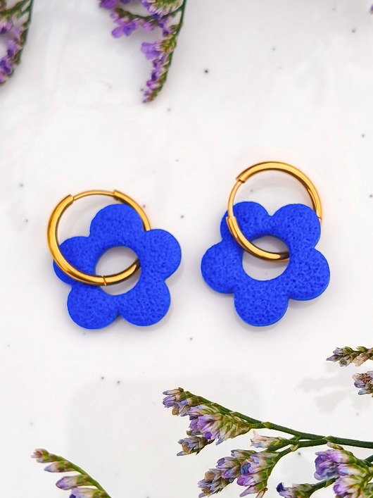 kolczyki z masy plastycznej Kolczyki niebieski kwiatuszki, zestaw 2w1, prezent na walentynki, boho