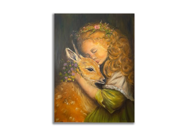 obrazy Obraz olejny ręcznie malowany 60x80cm "Sarenka i dziewczyna"