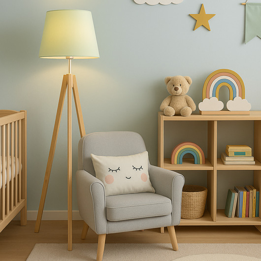 lampy do pokoju dziecka Drewniana lampa podłogowa na 3 nogach dla dzieci ARUBA KIDS z abażurem