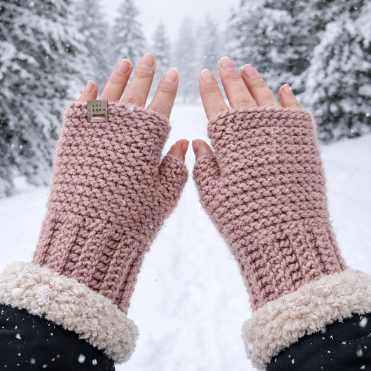 rękawiczki damskie Mitenki wełniane  pudrowe