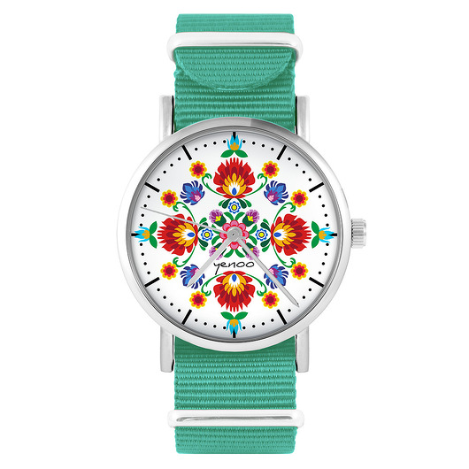 zegarki damskie Zegarek - Mandala folkowa - turkusowy, nylonowy