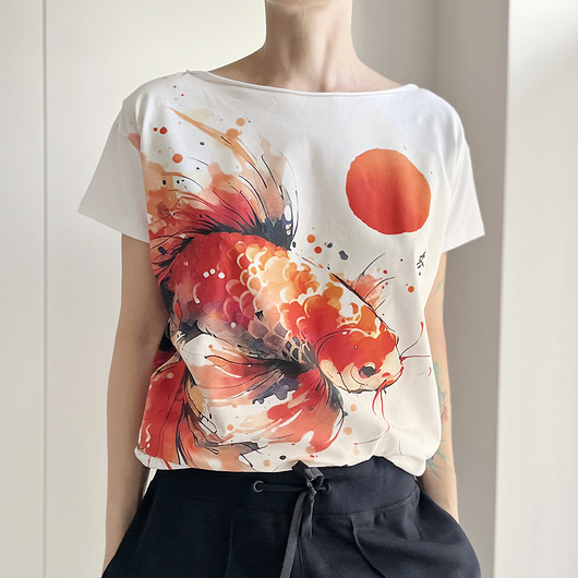 t-shirt damskie Koi pomarańczowy fullprint Biały Oversize