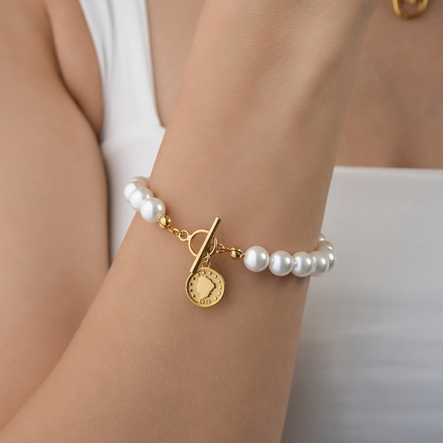 bransoletki - inne Bransoletka z białych pereł 8mm oraz srebra 925 pozłacanego