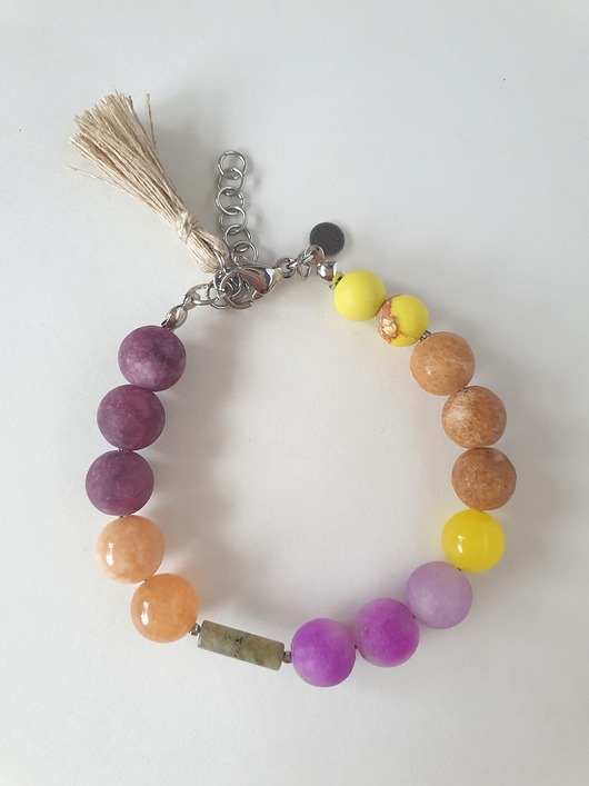 bransoletki z kamieni naturalnych Bransoletka  BOHO ART jadeit, jaspis, labradoryt, fiolet, żółty, beż