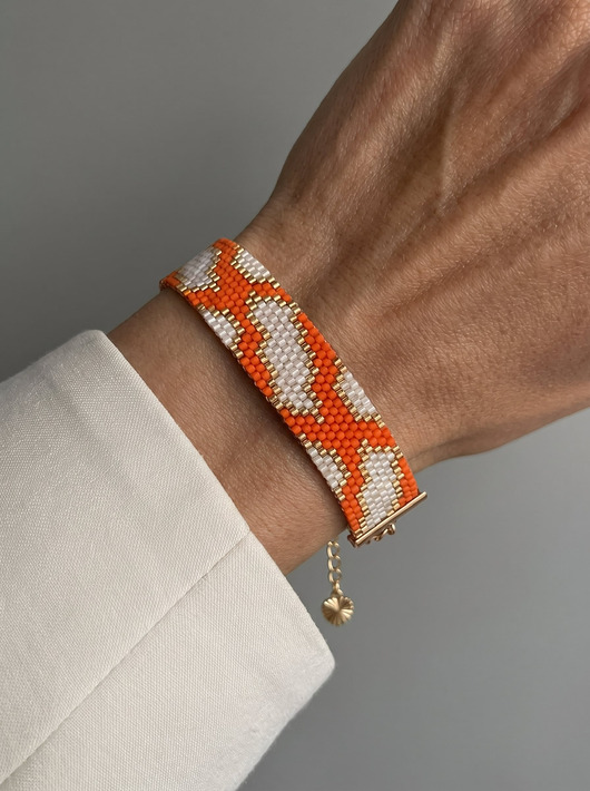 bransoletki ze szkła Neon - pomarańczowa złota bransoletka z koralików Miyuki - snake pattern