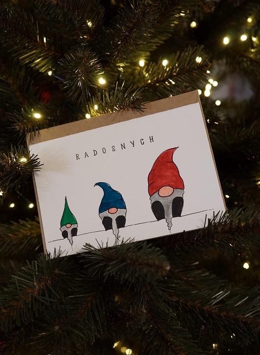 kartki scrapbooking Kartka Świąteczna Skrzaty, akwarela.