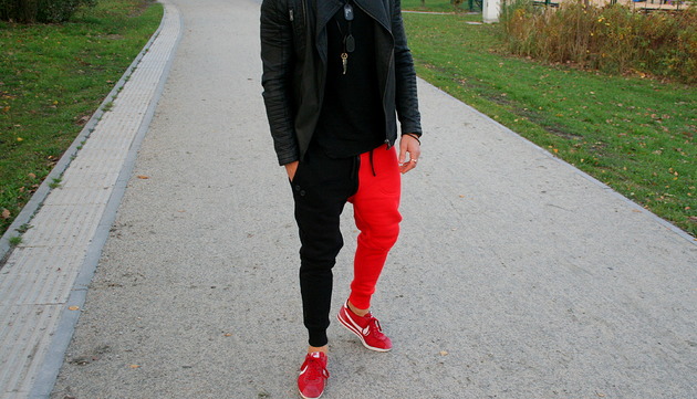 SPODNIE BUTTON DUAL PANTS UNISEX czerwono-czarne Button