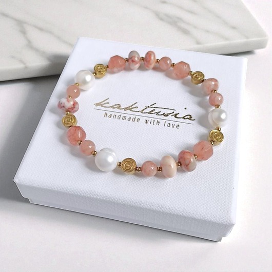 bransoletki z kamieni naturalnych NUDE : cielista bransoletka : mix kamieni i perły : ROZMIAR M